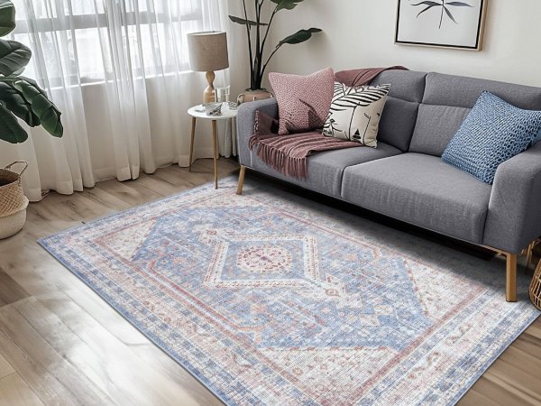 Pastel area rug in a trendy apartment