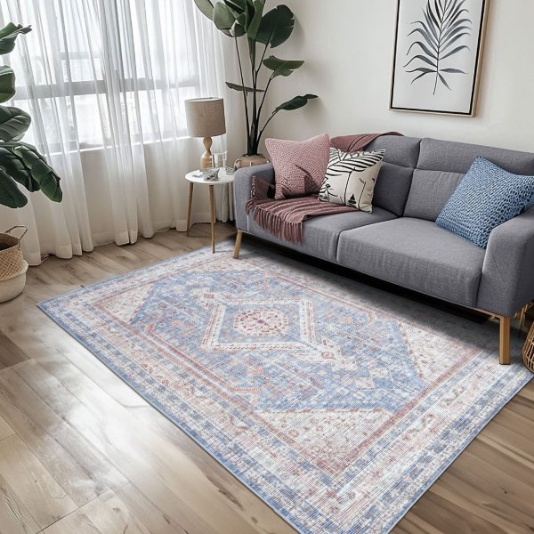 Pastel area rug in a trendy apartment