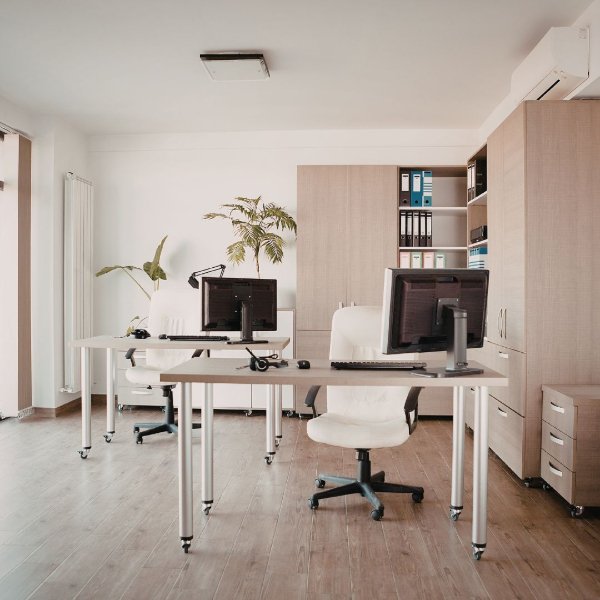 Home office with hardwood flooring